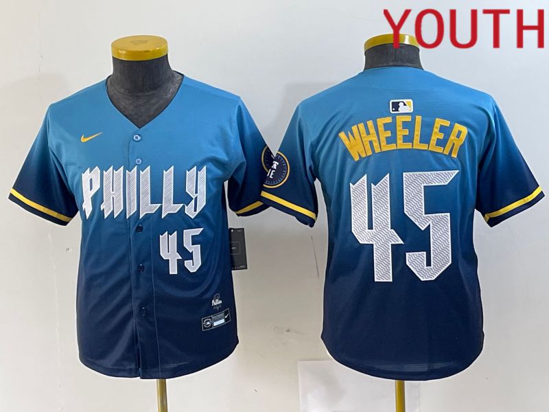 Youth Philadelphia Phillies #45 Wheeler Blue City Edition Nike 2024 MLB Jersey style 4->->Youth Jersey